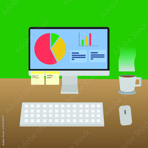 work on the table , computer , keyboard , mouse , hot coffee
