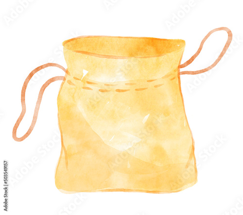 Watercolor yellow cotton pouch with ties. Hand-drawn illustration isolated on the white background