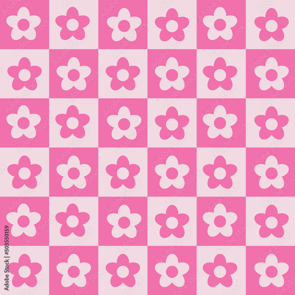 Cute pink and white  flowers on checkered squares seamless pattern. For wrapping paper, stationary and textile 