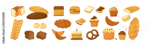 Bread vector icon, bakery products, pastry set. Cartoon food illustration