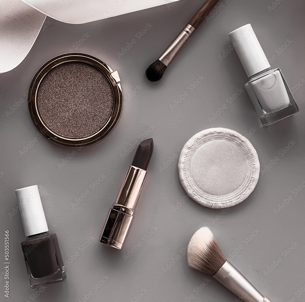 Beauty, make-up and cosmetics flatlay design with copyspace, cosmetic products and makeup tools on gray background, girly and feminine style - obrazy, fototapety, plakaty 