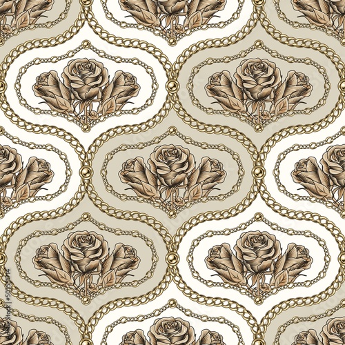 Seamless beige damask pattern with gold chains, beads, bouquet of contour roses. Diagonal composition. Classic geometric vintage background. Vector