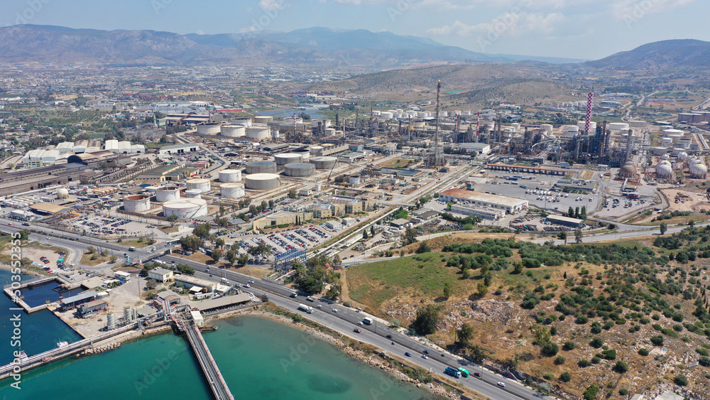 Aerial drone photo of industrial oil refinery of Aspropirgos, Attica, Greece