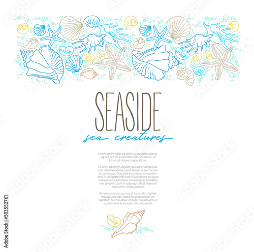 Vector frame, border of line art tropical sea elements, seashells, starfish. Doodles of marine life. Sea decor. Ocean invertebrates, sea creatures. Maritime illustration
