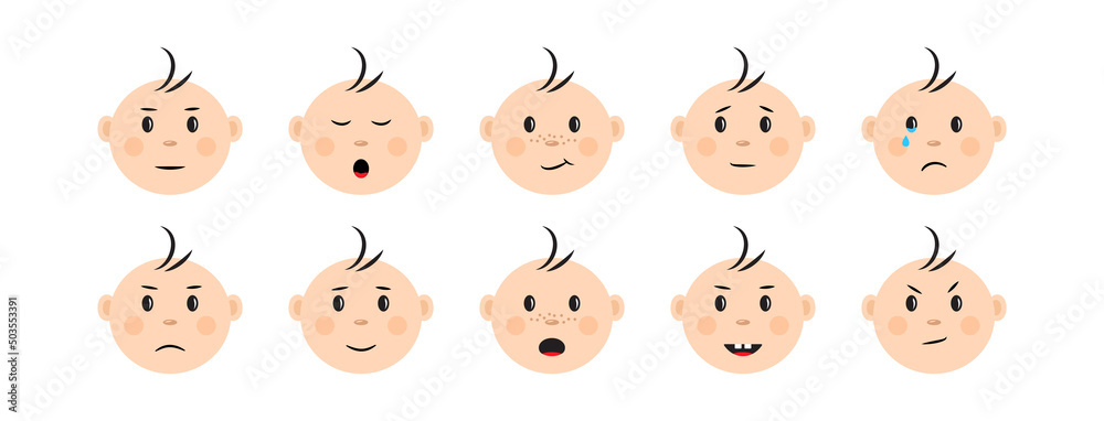Baby face vector icon, kid emotion, cartoon head expression, cute boy character emoticon. Funny portrait child isolated on white background. Cheerful illustration
