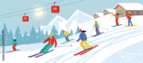 Group of cartoon people skiing downhill. Skiers in mountains. Sunny winter landscape. Flat vector illustration. Cute characters. 