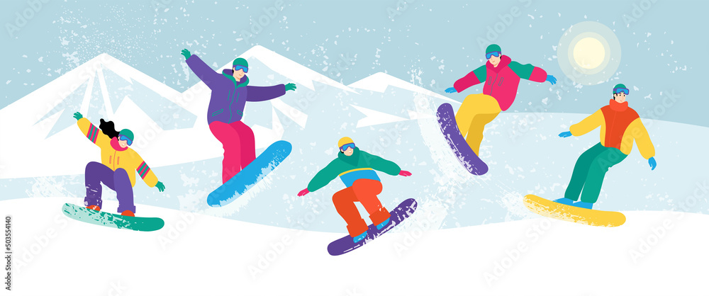 Group of cartoon people jumping from the hill with snowboard. Sunny landscape with mountains and blue sky. Flat vector illustration. Cute characters. 