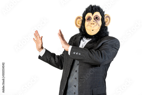 Monkey man explaining with hands gestures. Reassuring and calming gesture photo