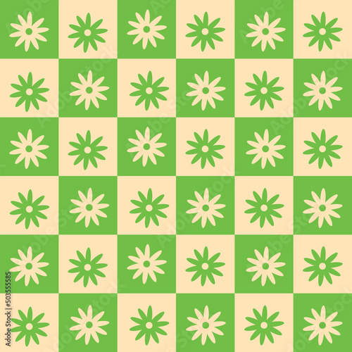 Cute flowers seamless pattern on green and light cream checkerboards. For textile , home décor and stationary  