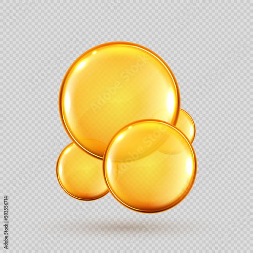 Gold oil capsules, vitamin round pills. Cosmetics, omega 3 golden bubbles. Serum droplets or collagen essence isolated on transparent background