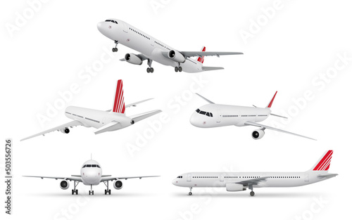 Realistic aircraft set. Passenger airplane in different views. 3d detailed passenger airplane isolated on white background. Vector illustration