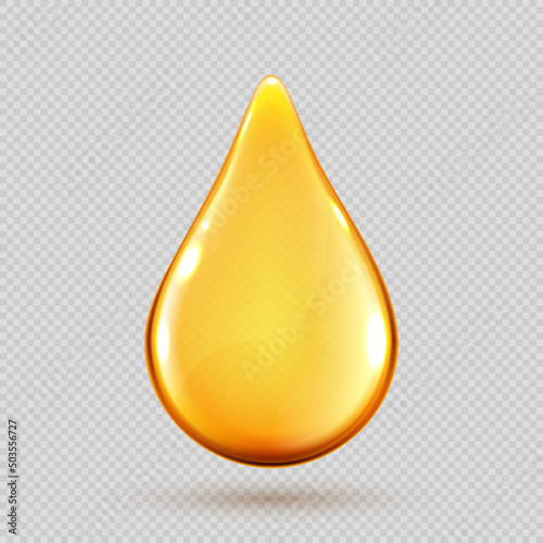Realistic oil drop. Cosmetics, omega 3 golden drop. Serum or collagen essence isolated on transparent background