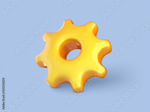3D cartoon gear icon isolated on blue background. Vector 3d illustration plastic volumetric yellow gear.