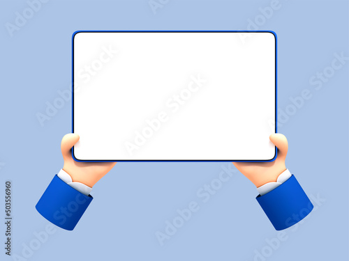 3D cartoon hands holding tablet isolated on blue background. Hands holding a full screen tablet mockup. Vector 3d illustration