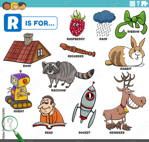 Принти на полотні letter r words educational set with cartoon characters