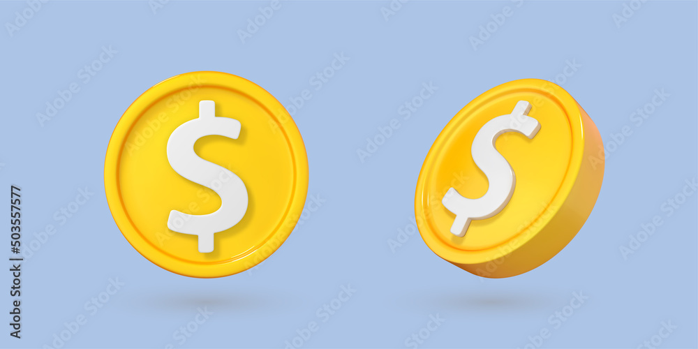 3D cartoon gold coin icons. Coins with dollar sign. Vector 3d illustration 3D cartoon gold coin icons. Coins with dollar sign. Vector 3d illustration