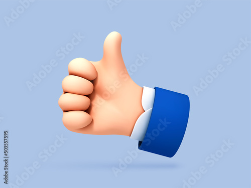 3D cartoon thumb up hand gesture isolated on blue background. Hand thumb up or like sign. Vector 3d illustration