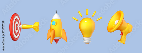 3D cartoon icon set isolated on blue background. Light bulb, megaphone, rocket, dart target. Vector 3d illustration