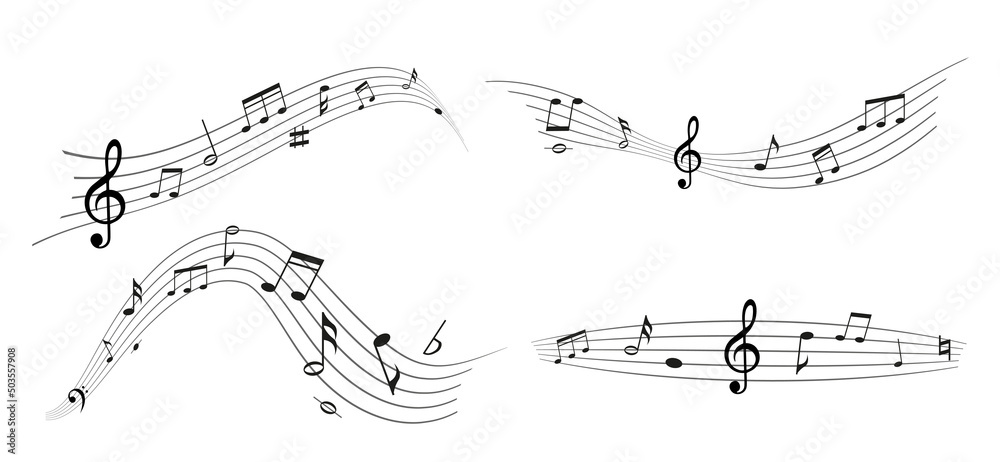 Set of black music notes waves isolated on white background. Sound recording stripes. Piano melody. Music design Vector illustration. Set of black music notes waves isolated on white background. Sound recording stripes. Piano melody. Music design Vector illustration.