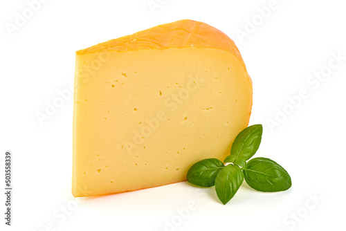 Hard Dutch gouda cheese, isolated on white background.