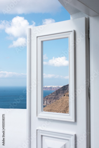 View of Santorini through the window
