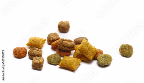 Photography Close up dry cat food isolated on white background