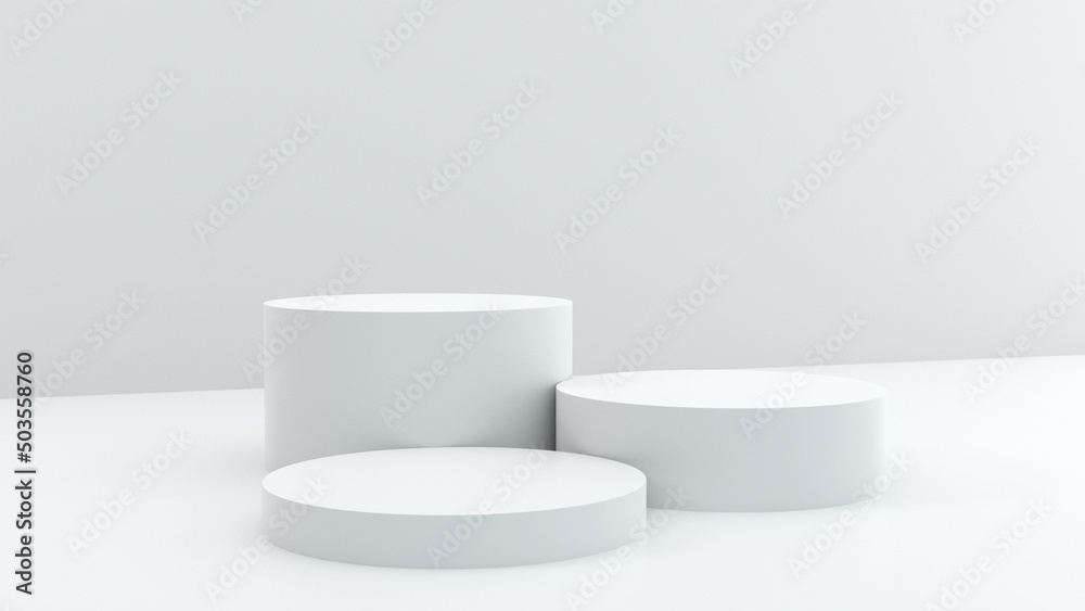 Empty podium or pedestal display on white background with cylinder stand concept. Blank product shelf standing backdrop. 3D rendering.