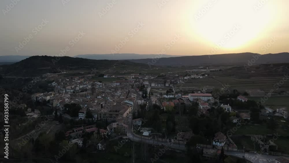 Aerial views from Rubielos de Mora, Teruel, Aragón, Spain. Drone is flying near the town during the sunset Aerial views from Rubielos de Mora, Teruel, Aragón, Spain. Drone is flying near the town during the sunset