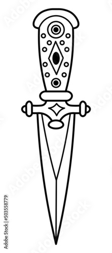 Outined vector drawing of ornamented fantasy dagger with inlay on grip and crossguard. Medieval styled knife. Graphic illustration for logo, card poster, banner.