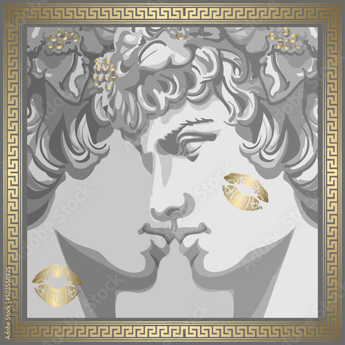 Antinous in the image of the God Apollo, surrounded by a golden round meander, favorite and beloved of the Roman emperor Hadrian. The symbol of same-sex love, gay culture and LGBTQ