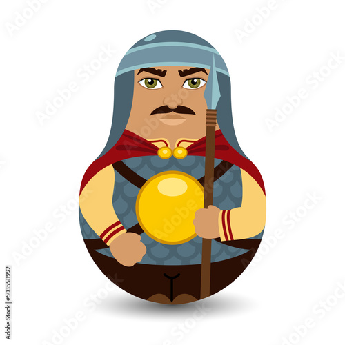 Bogatyr. Old Slavic warrior in a helmet, armor and with a spear in his hand. Design tilting toy. Modern kawaii dolls for your business project. Flat vector illustration.