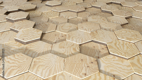 Fototapeta Naklejka Na Ścianę i Meble -  3d abstract wood background.  Abstract hexagon mosaic. Wood wall. 3d rendering
