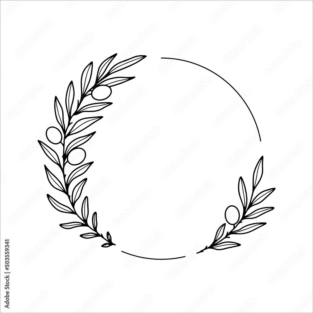 Hand drawn vector round frames with olives branches. Line art floral design with olives for invitations, logos, web, menu, greeting cards, posters, monograms, wedding decoration.