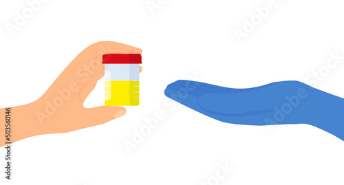 The patient gives the doctor a jar of analysis. Vector illustration in flat style. Web site page and mobile app design element