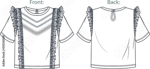Vector short sleeved blouse technical drawing, woman round neck T-Shirt with crochet trims and frills, tee fashion CAD, sketch, template. Jersey or woven fabric top, front, back view, white color