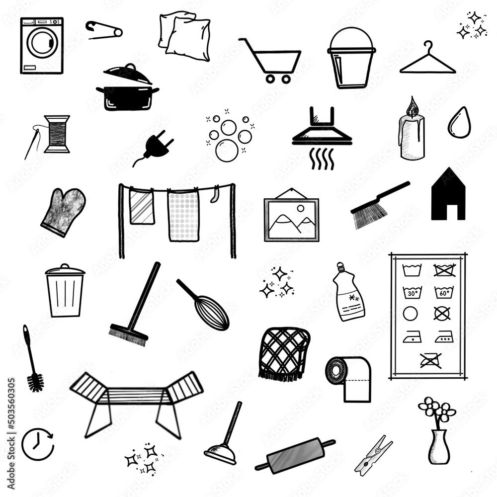 Haushalt & Putzen - 33 Icons, Sketchnotes, Doodles Stock Illustration