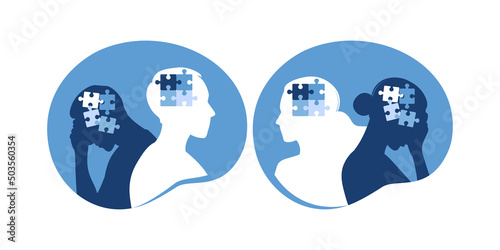 Psychotherapy or psychology support concept. Two woman and man different states of consciousness mind - depression and positive mental health mood. Vector illustration. Flat photo