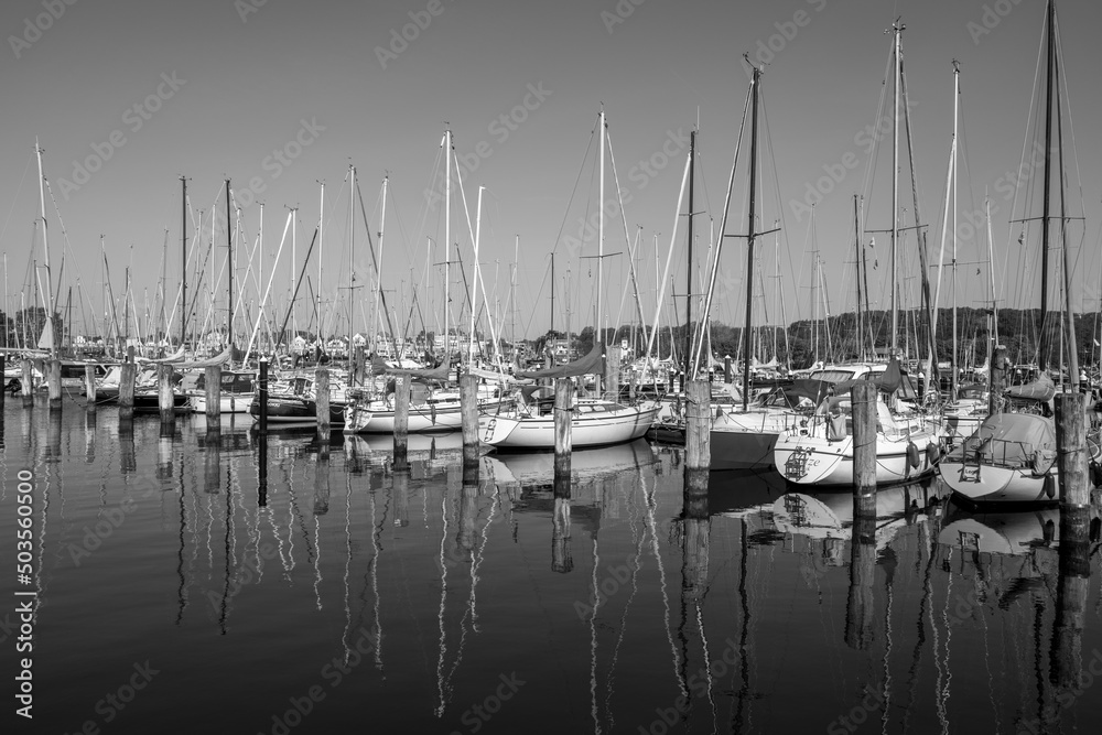 sailing boats are moored in the marina of Luebeck-Travemuende