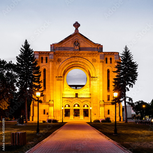 St. Boniface Basilica at night, Winnipeg, Manitoba, Canada. photo