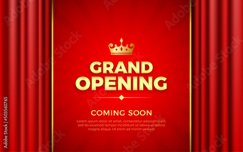 Realistic grand opening invitation with red curtains, golden elements and 3d editable text effect