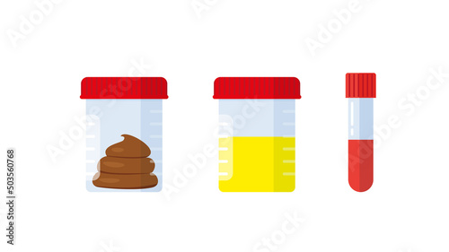 Medical analysis laboratory test urine stool and blood in plastic jars. Vector illustration in flat style