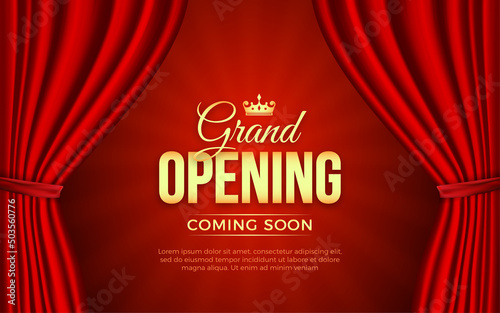 Realistic grand opening invitation with red curtains, golden elements and 3d editable text effect