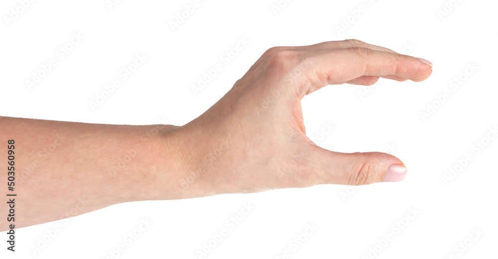 Woman hand holding or grabbing something isolated on white background Woman hand holding or grabbing something isolated on white background