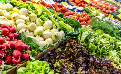 Vegetable market. Shelf with fresh vegetables