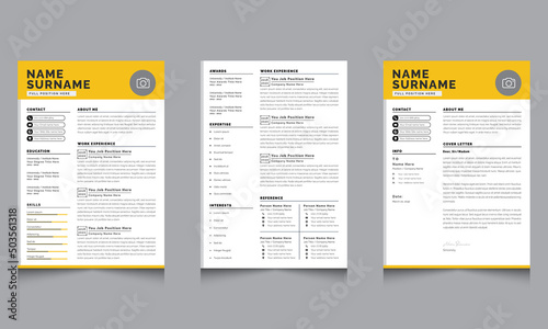 Creative Resume Layout, Yellow Resume Template with Cover Letter vector design