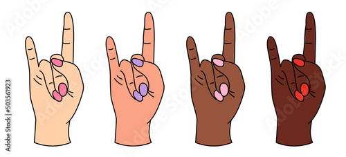 Cartoon female hands gesturing rock-metal sign. Diversity people multiethnic race. Raised hand peace sign. Vector illustration.