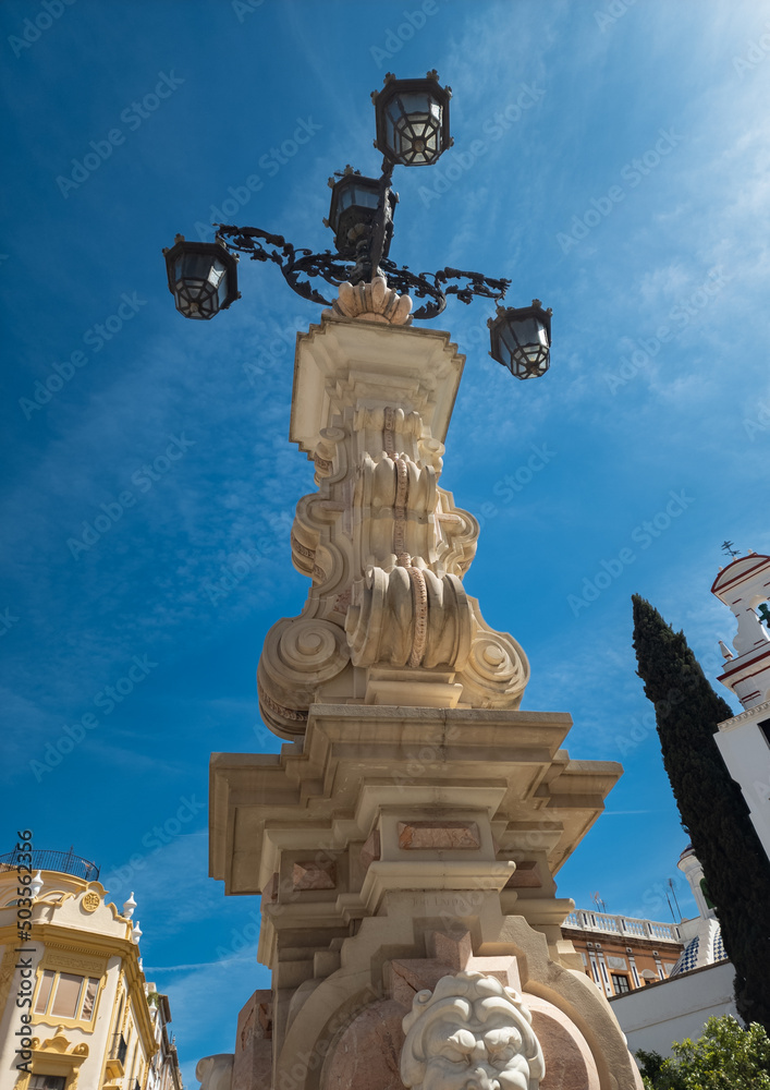 Nice monument under sunny sky in Seville city, Andalusia, Spain