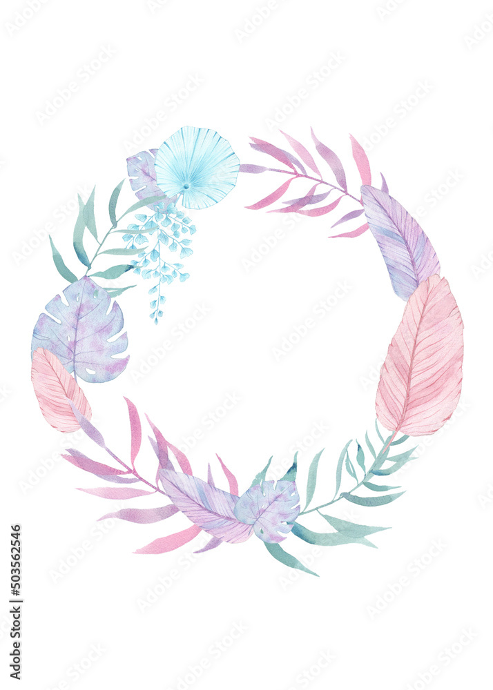 Obraz premium Watercolor tropical pink-blue leaves. Tropical leaves frame for summer wedding invitation, cards, logo, etc. Palm leaves, monstera, banana leaves. Golden frame with leaves. 