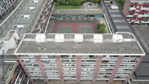 Barbican Flats - Drone Pan Up to London Skyline photo
