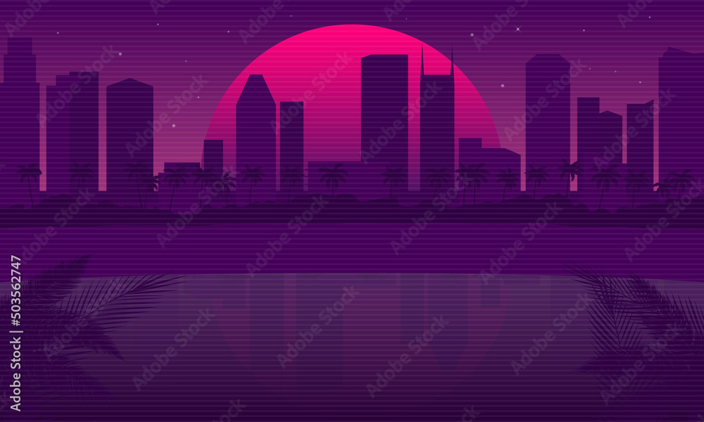 Retro Miami Beach background. Miami Cityscape isolated on a dark background with reflection in water, retro sun and vintage grunge textures. Vaporwave, Cyberpunk background. Vector illustration